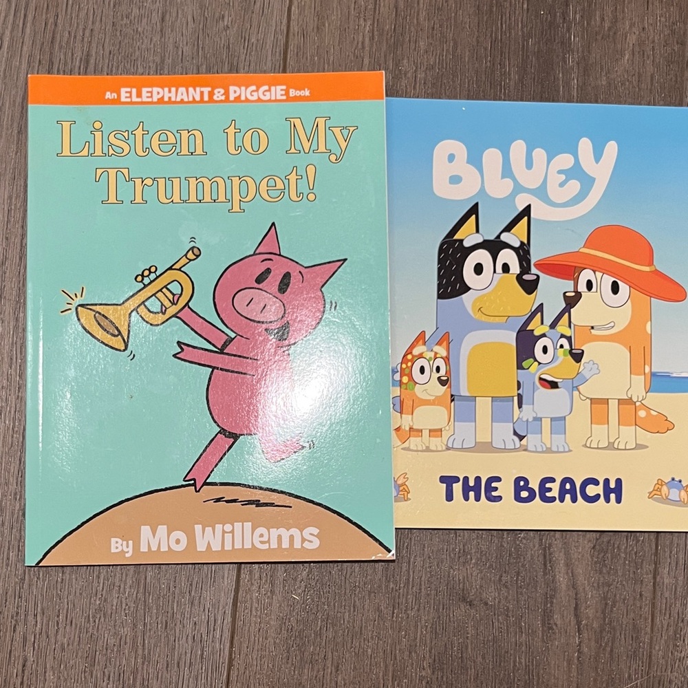 Bluey “the beach” elephant & piggie “ listen to my trumpet!”